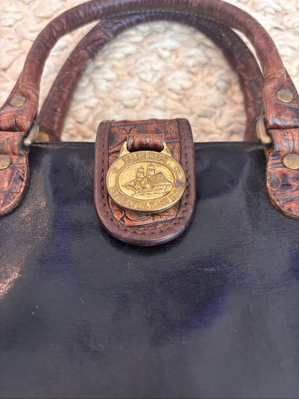 Vintage Brahmin black Leather Satchel Bag Croc Embossed Top Handle Handbag, quie - Picture 3 of 13